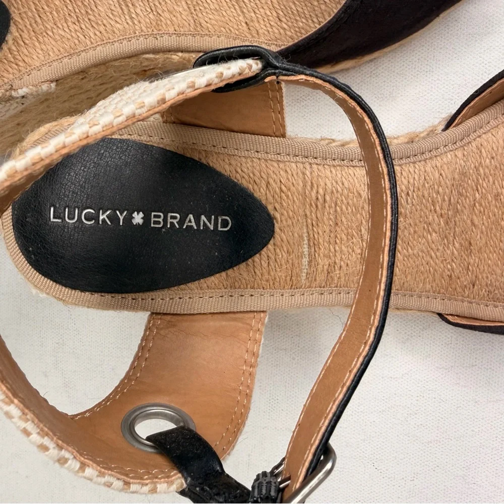 Lucky Brand wedge sandals black and tan canvas
